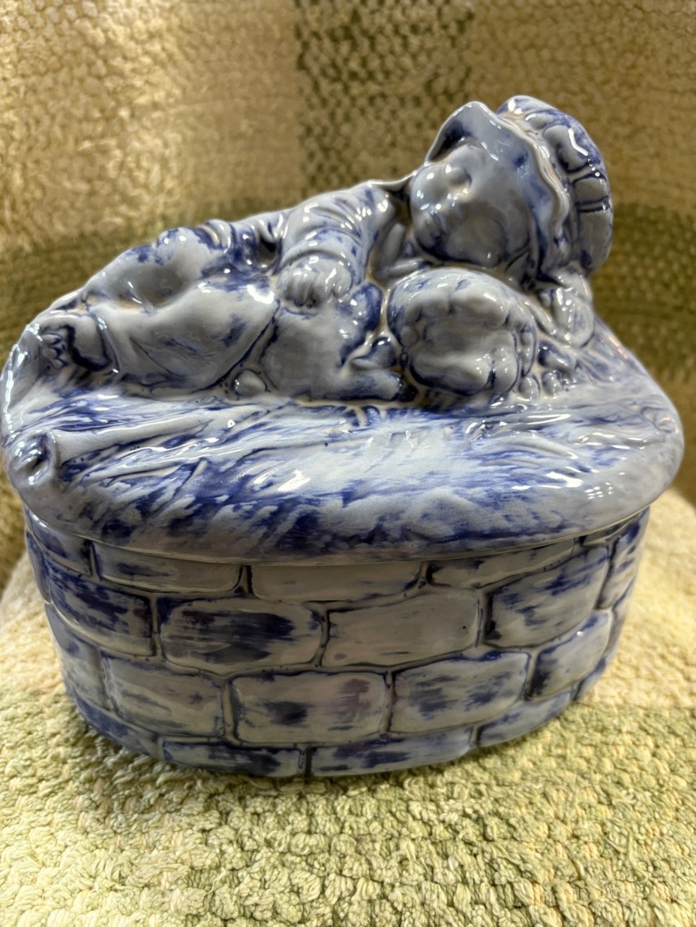 Blue and White Ceramic Trinket/cookie jar Sleeping Shepherd and his lamb on lid